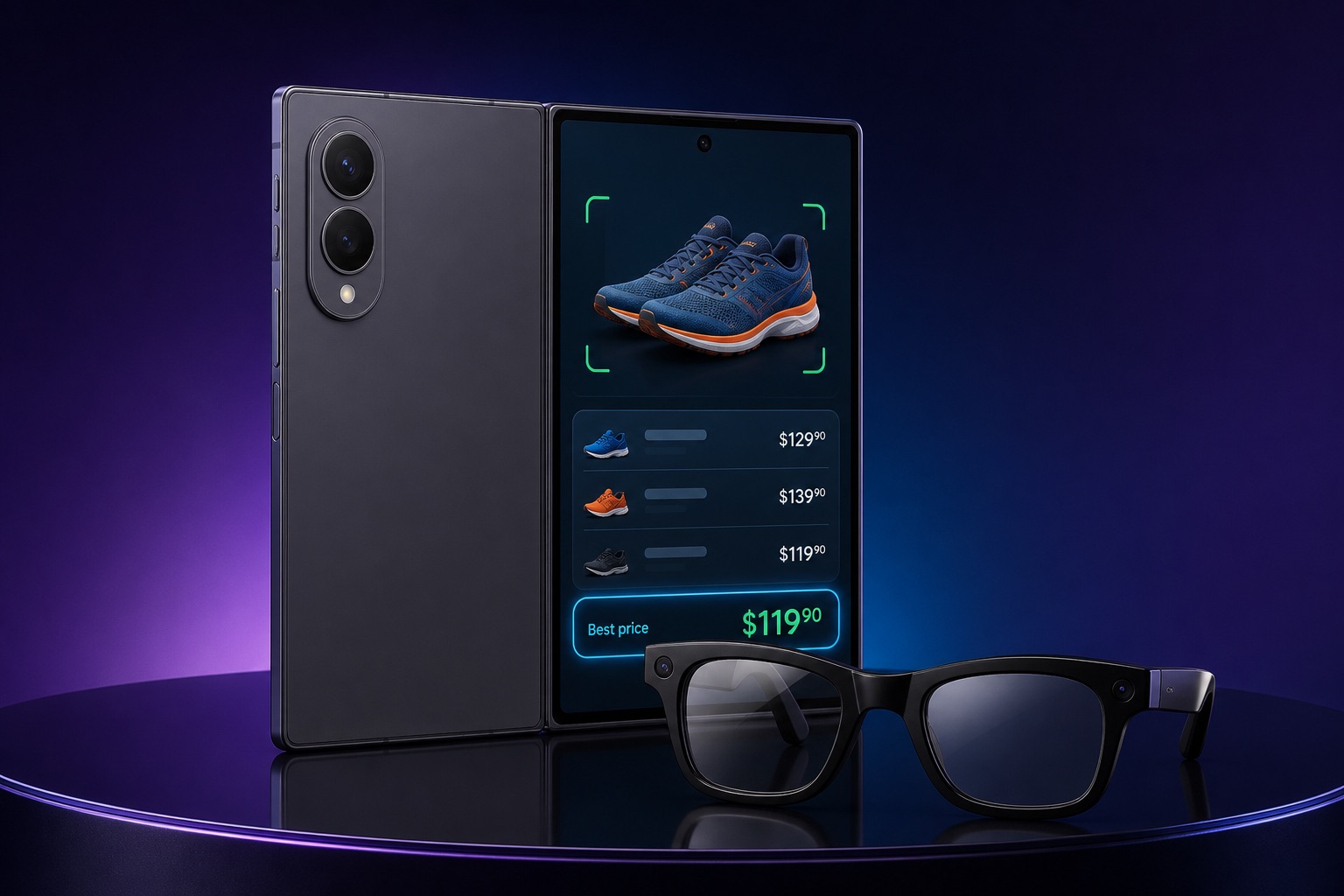 Logo-free foldable phone and display glasses showing a product scan